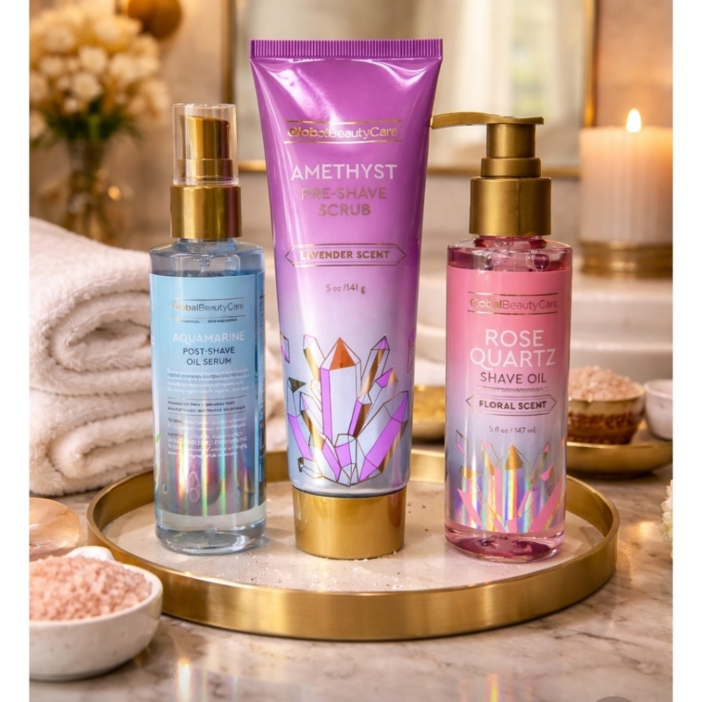Amethyst Pre-Shave Scrub, Rose Quartz Shave Oil An Aquamarine Post Shave Oil